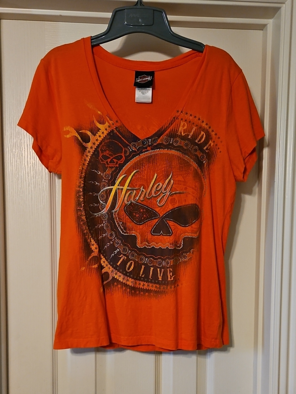 Harley-Davidson Orange Skull Graphic V-Neck Tee